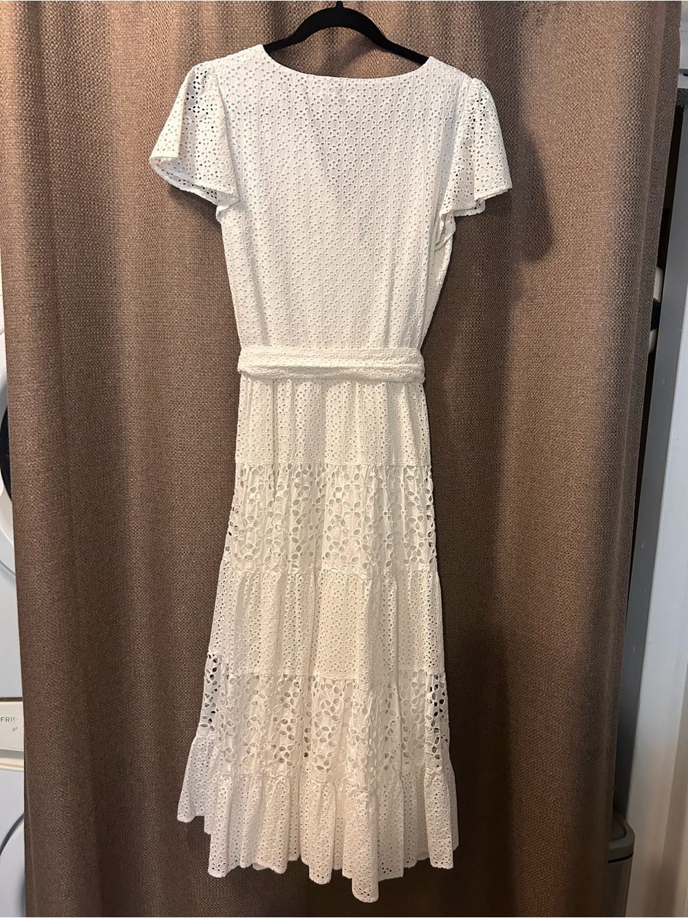 Women’s White Eyelet Tiered Midi Dress with Waist Tie